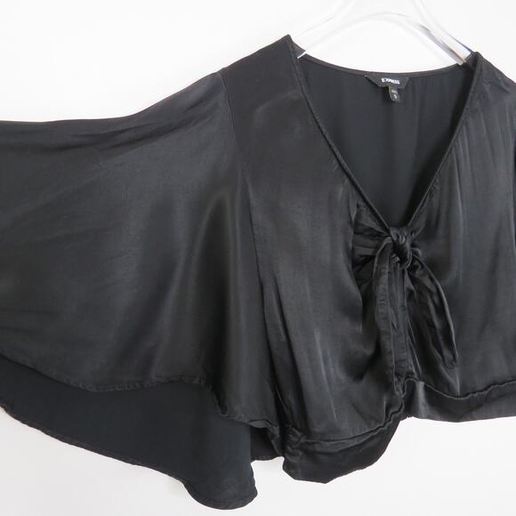 Express Black Tie Front Crop Top Satin Butterfly Top Cute Medium - Picture 5 of 10